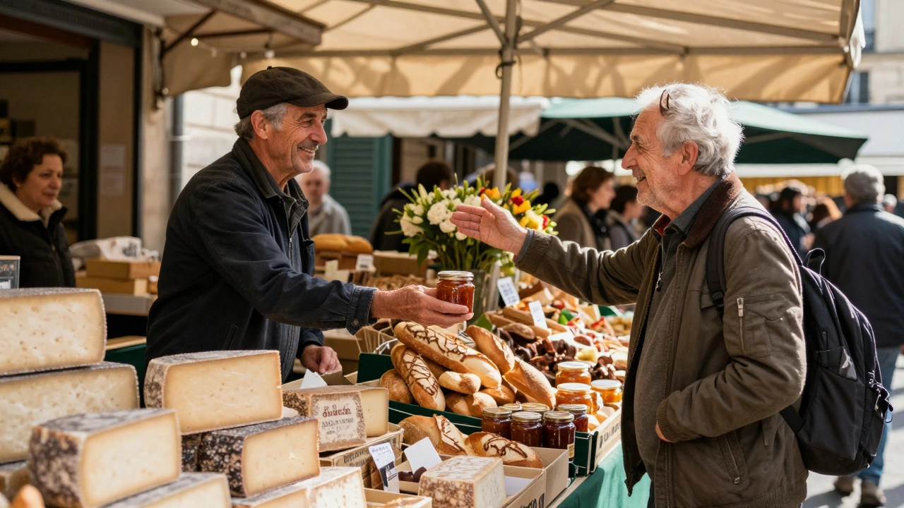 A traveler smiles as a market vendor offers a taste of jam in a vibrant Parisian street market.
