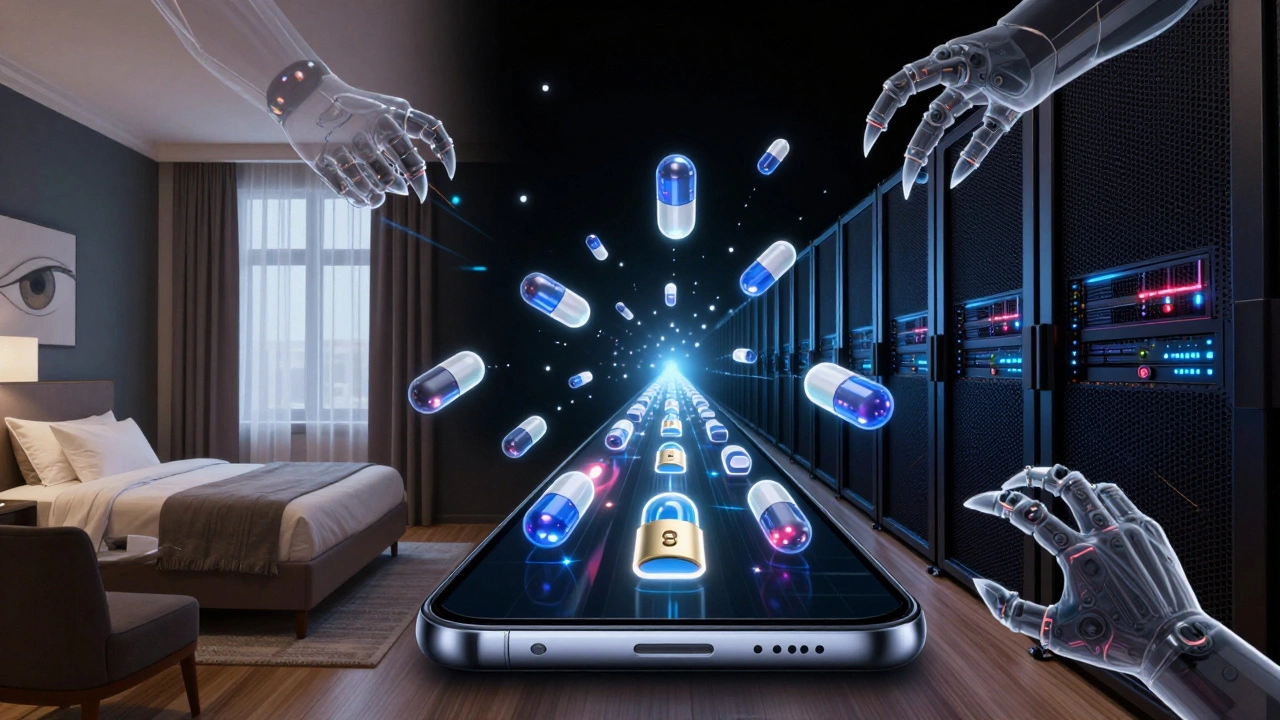 Digital tunnel connecting smartphone to distant server, with encrypted packets safe from tracking entities.