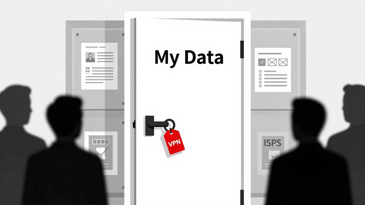 Locked door labeled &#039;My Data&#039; protected by a VPN key, keeping trackers and advertisers out.