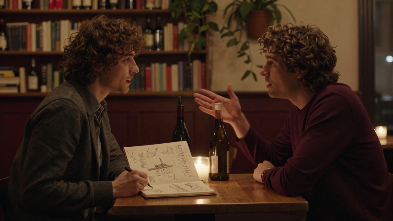Two people share wine and conversation in a cozy Parisian wine bar, candlelight illuminating their faces.